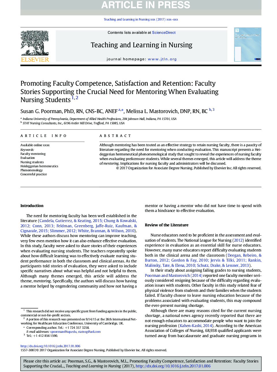 Promoting Faculty Competence, Satisfaction and Retention: Faculty Stories Supporting the Crucial Need for Mentoring When Evaluating Nursing Students