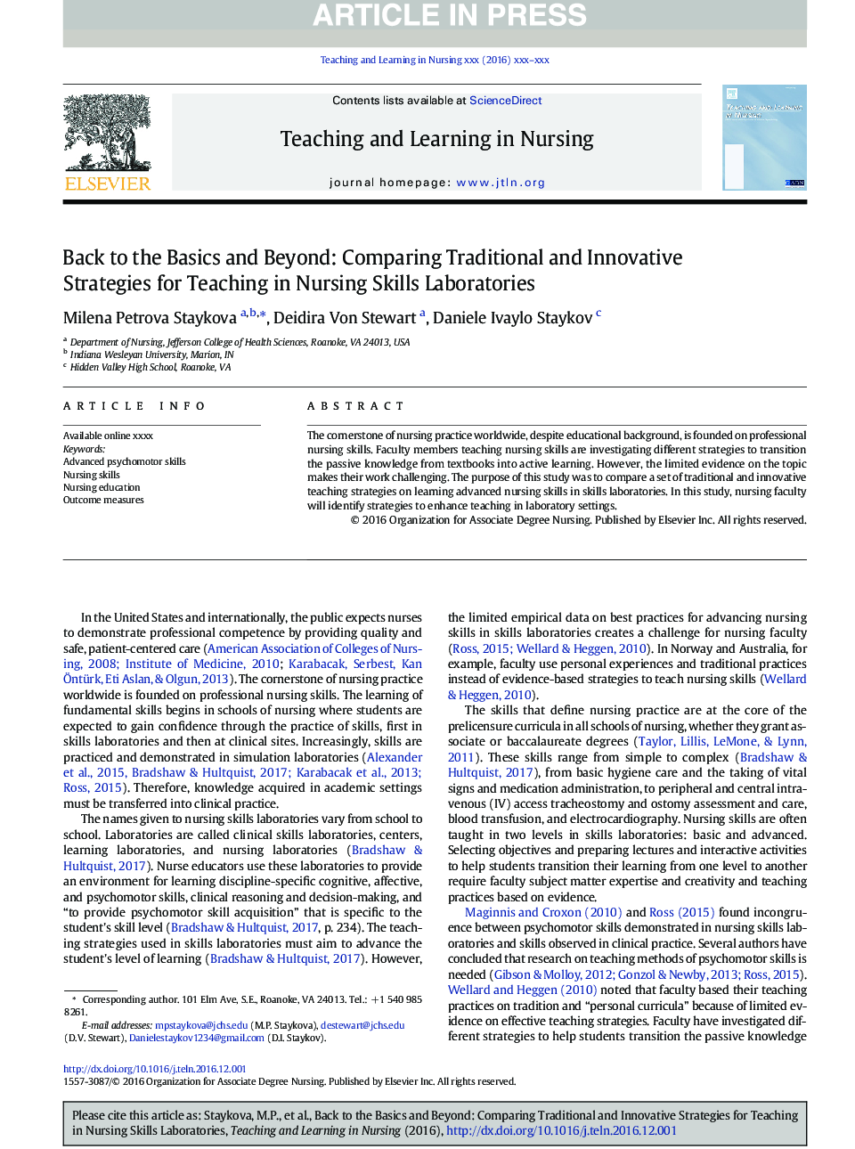 Back to the Basics and Beyond: Comparing Traditional and Innovative Strategies for Teaching in Nursing Skills Laboratories