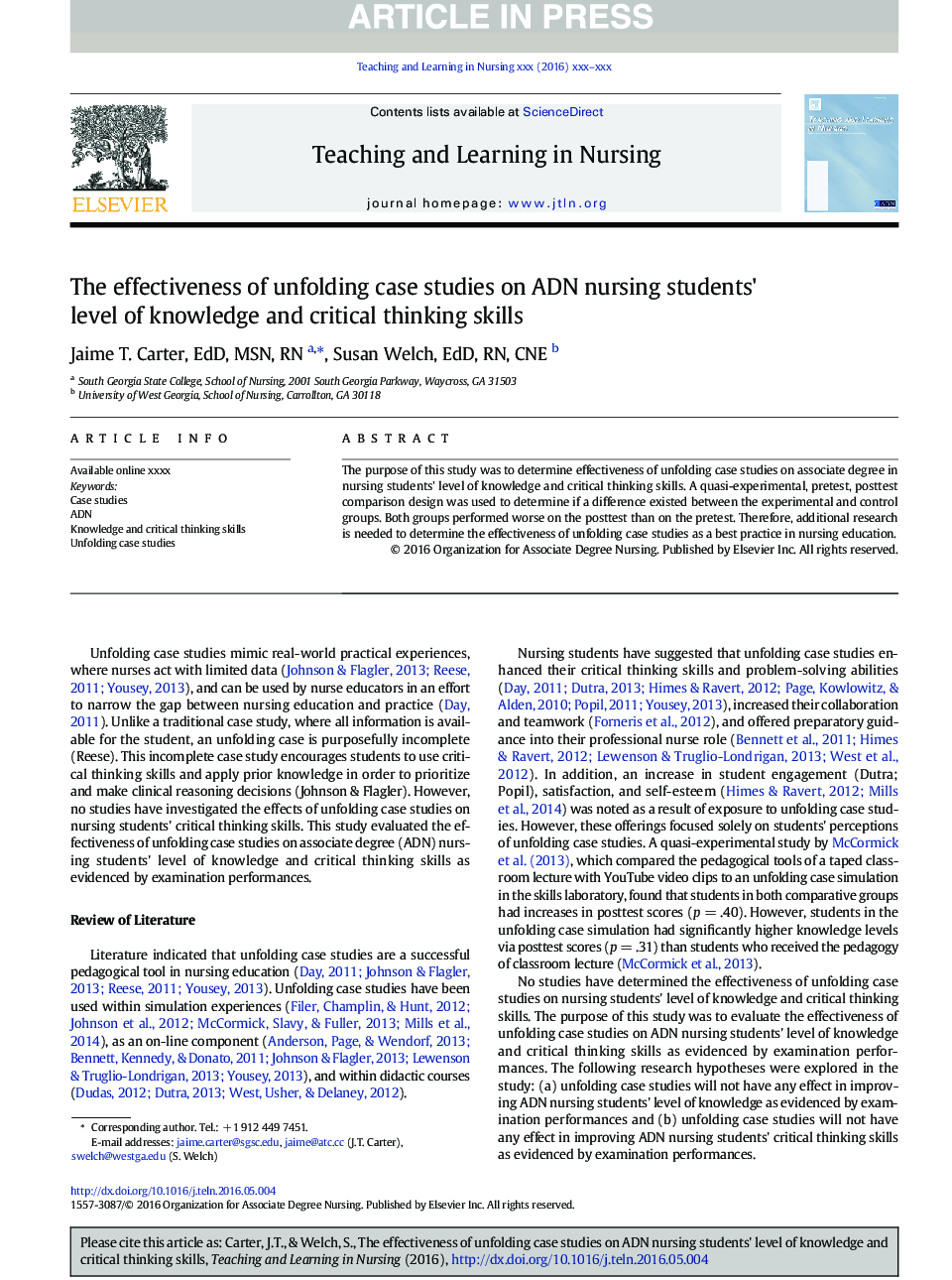 The Effectiveness of Unfolding Case Studies on ADN Nursing Students' Level of Knowledge and Critical Thinking Skills