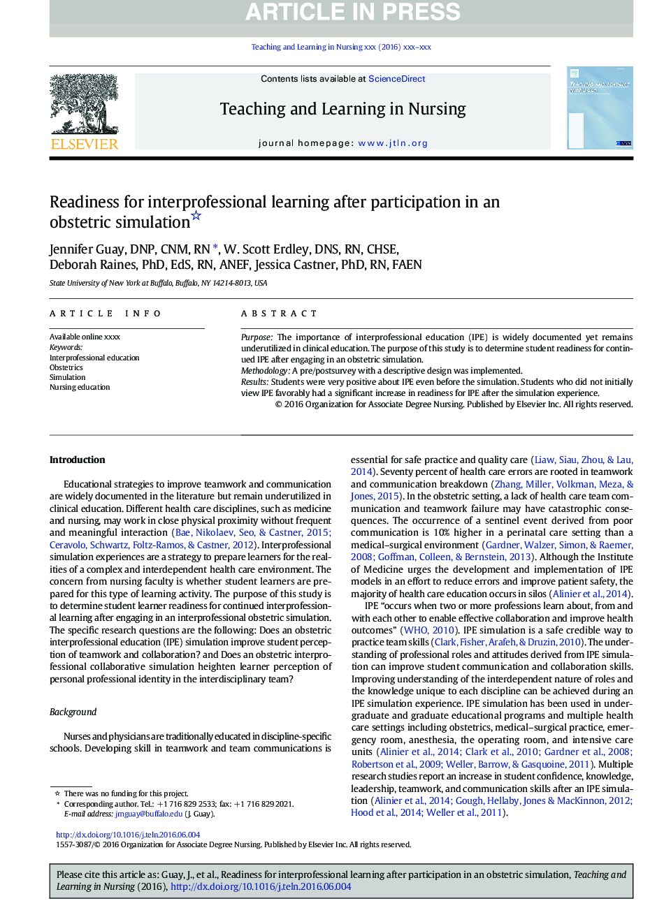 Readiness for Interprofessional Learning After Participation in an Obstetric Simulation