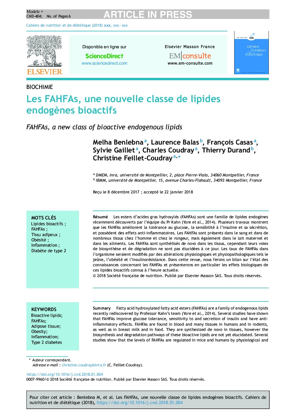 عکس صفحه اول مقاله: Les FAHFAs, une nouvelle classe de lipides endogènes bioactifs Les FAHFAs, une nouvelle classe de lipides endogènes bioactifs