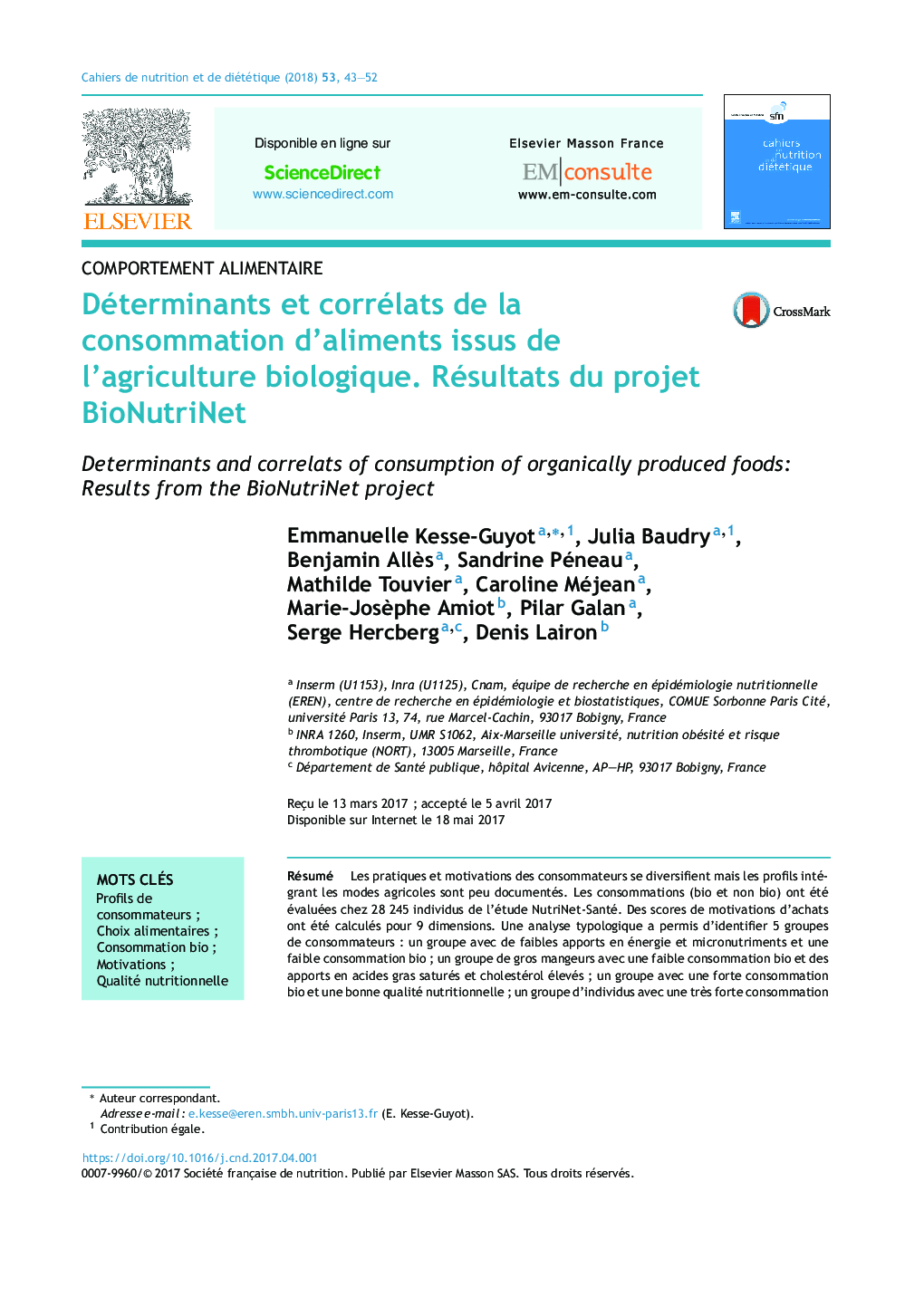 Déterminants et corrélats de la consommation d'aliments issus de l'agriculture biologique. Résultats du projet BioNutriNet