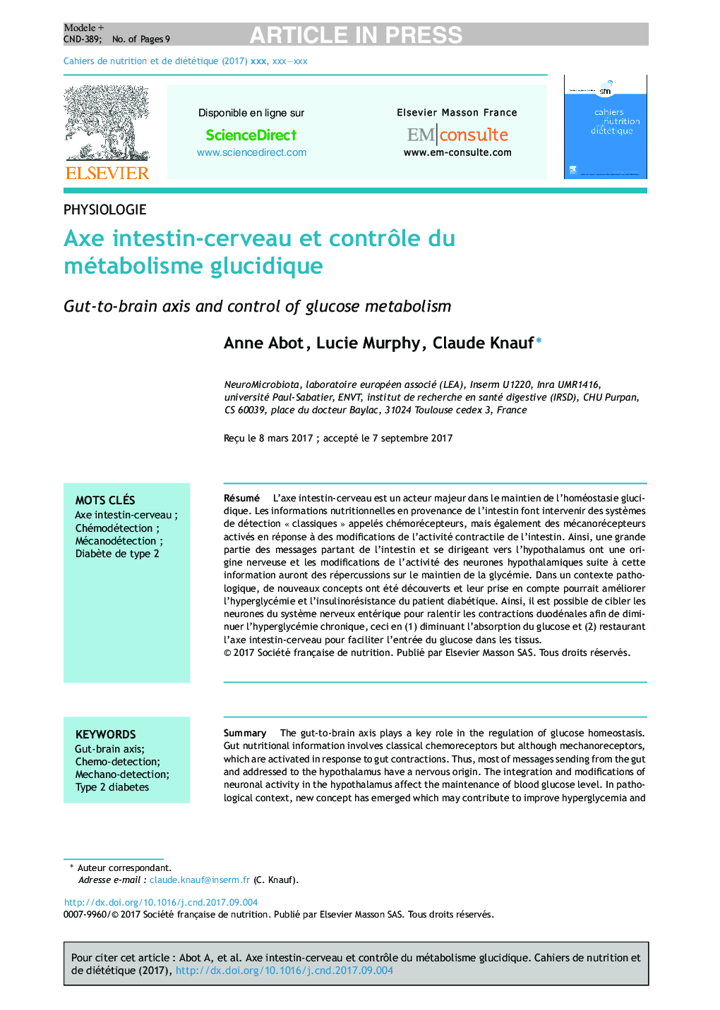 Axe intestin-cerveau et contrÃ´le du métabolisme glucidique