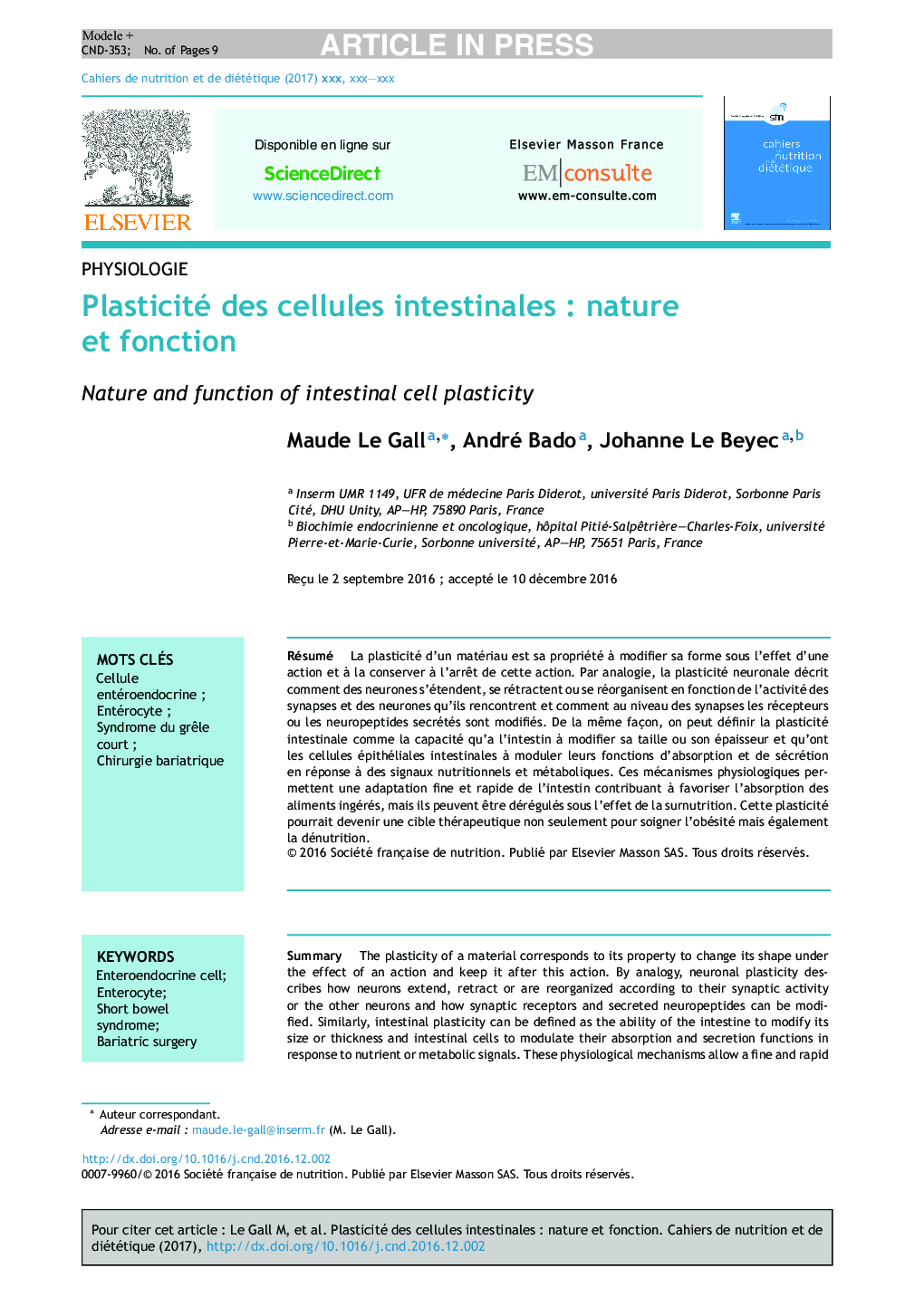 عکس صفحه اول مقاله: Plasticité des cellules intestinales : nature et fonction Plasticité des cellules intestinales : nature et fonction