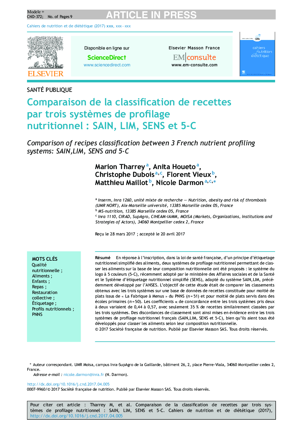 Comparaison de la classification de recettes par trois systÃ¨mes de profilage nutritionnelÂ : SAIN, LIM, SENS et 5-C