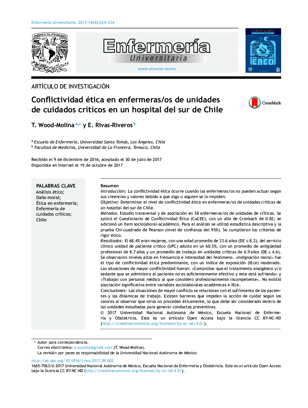 Conflictividad ética en enfermeras/os de unidades de cuidados crÃ­ticos en un hospital del sur de Chile