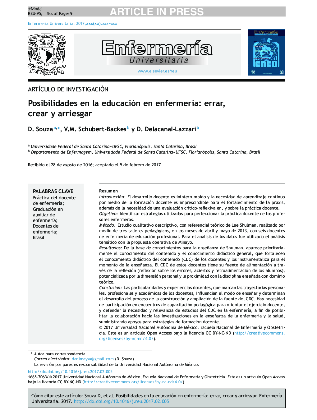 Posibilidades en la educación en enfermerÃ­a: errar, crear y arriesgar