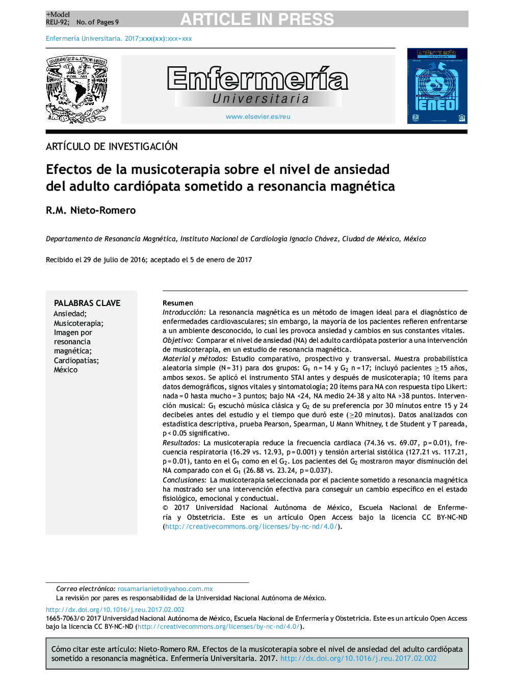 Efectos de la musicoterapia sobre el nivel de ansiedad del adulto cardiópata sometido a resonancia magnética