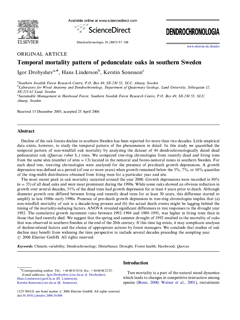 Temporal mortality pattern of pedunculate oaks in southern Sweden