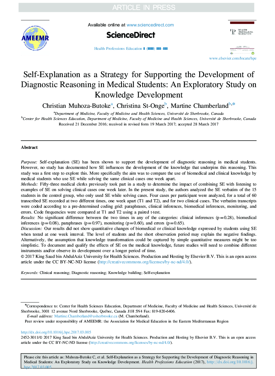 Self-Explanation as a Strategy for Supporting the Development of Diagnostic Reasoning in Medical Students: An Exploratory Study on Knowledge Development