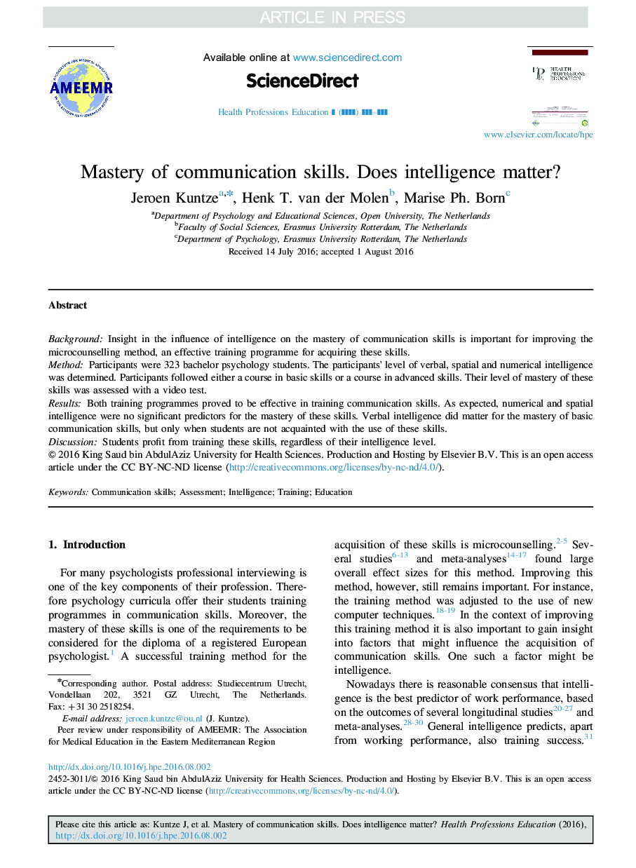 Mastery of Communication Skills. Does Intelligence Matter?
