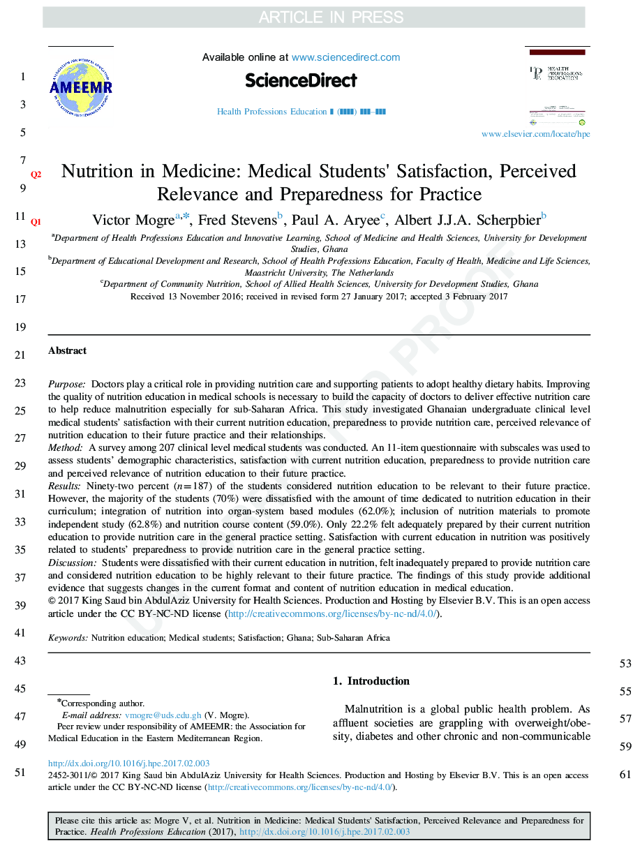 Nutrition in Medicine: Medical Students×³ Satisfaction, Perceived Relevance and Preparedness for Practice