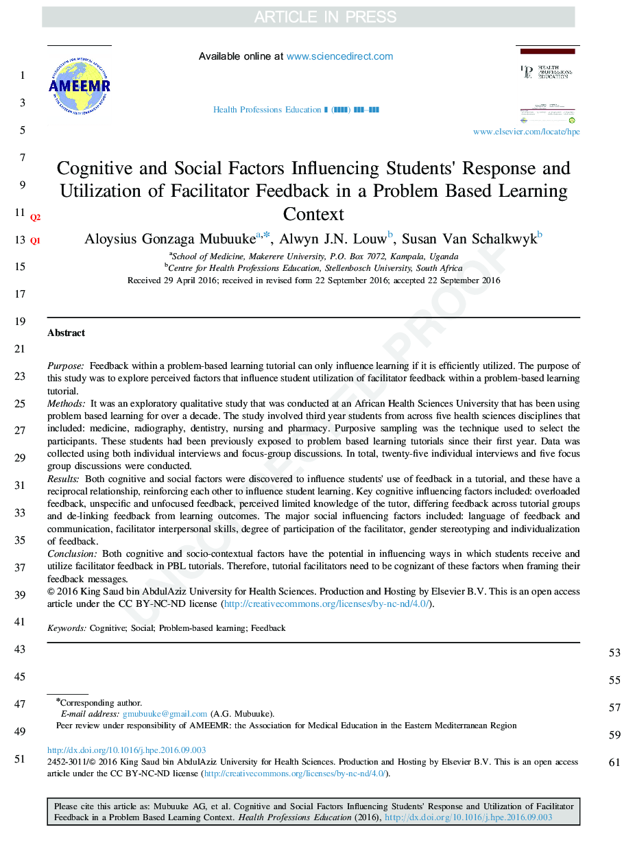 Cognitive and Social Factors Influencing Students×³ Response and Utilization of Facilitator Feedback in a Problem Based Learning Context