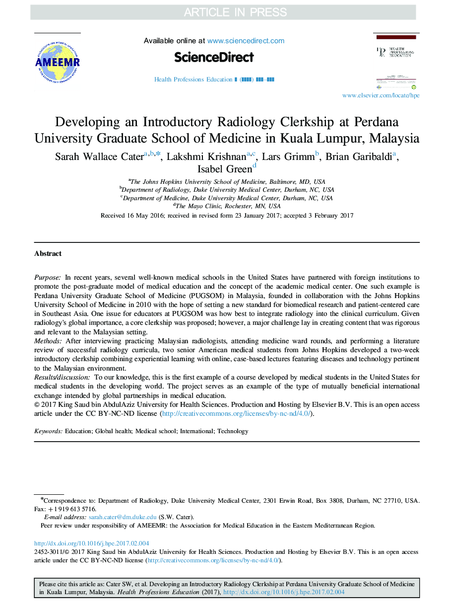 Developing an Introductory Radiology Clerkship at Perdana University Graduate School of Medicine in Kuala Lumpur, Malaysia