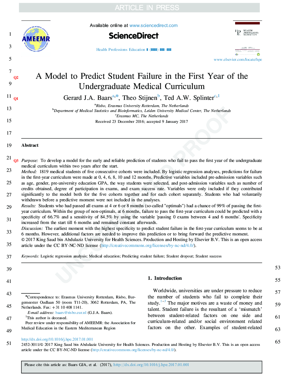 یک مدل برای پیش بینی شکست دانشجویی در سال اول برنامه درسی دوره کارشناسی ارشد 