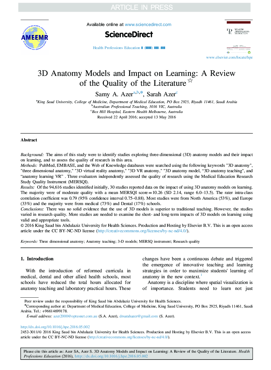 3D Anatomy Models and Impact on Learning: A Review of the Quality of the Literature