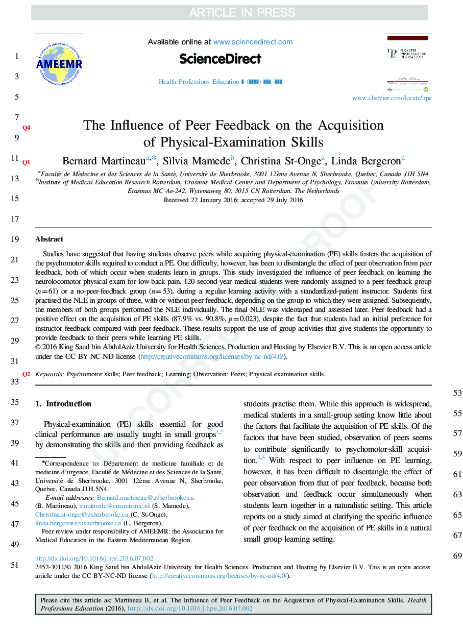 The Influence of Peer Feedback on the Acquisition of Physical-Examination Skills