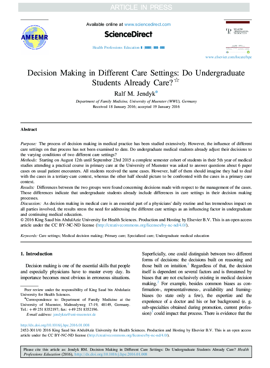 Decision Making in Different Care Settings: Do Undergraduate Students Already Care?