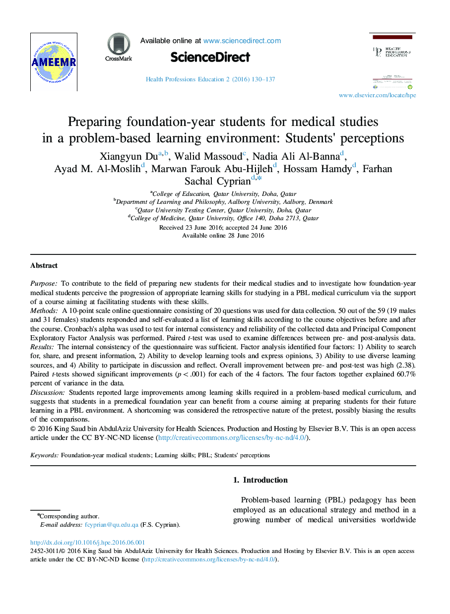 Preparing foundation-year students for medical studies in a problem-based learning environment: Students×³ perceptions