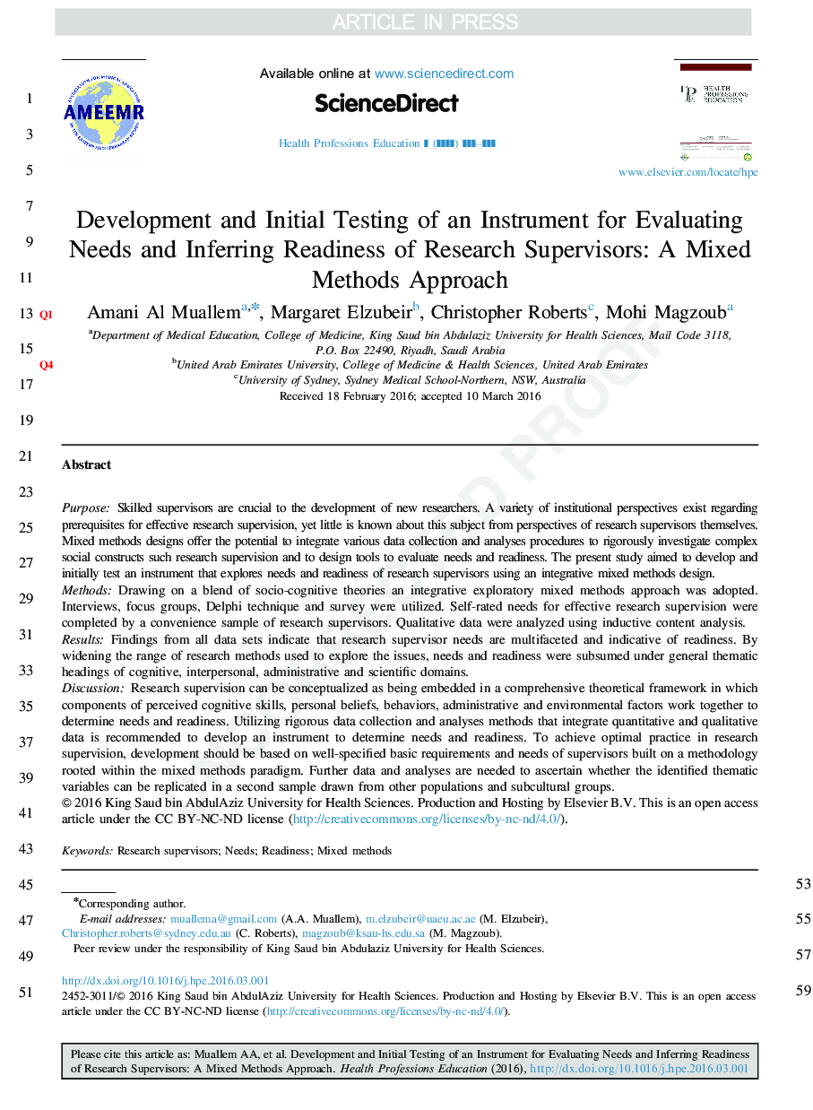 Development and Initial Testing of an Instrument for Evaluating Needs and Inferring Readiness of Research Supervisors: A Mixed Methods Approach