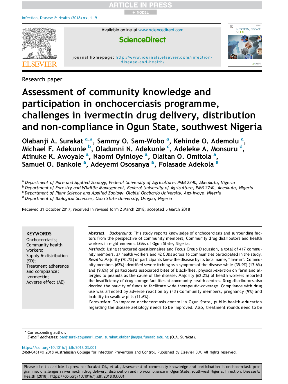 Assessment of community knowledge and participation in onchocerciasis programme, challenges in ivermectin drug delivery, distribution and non-compliance in Ogun State, southwestÂ Nigeria