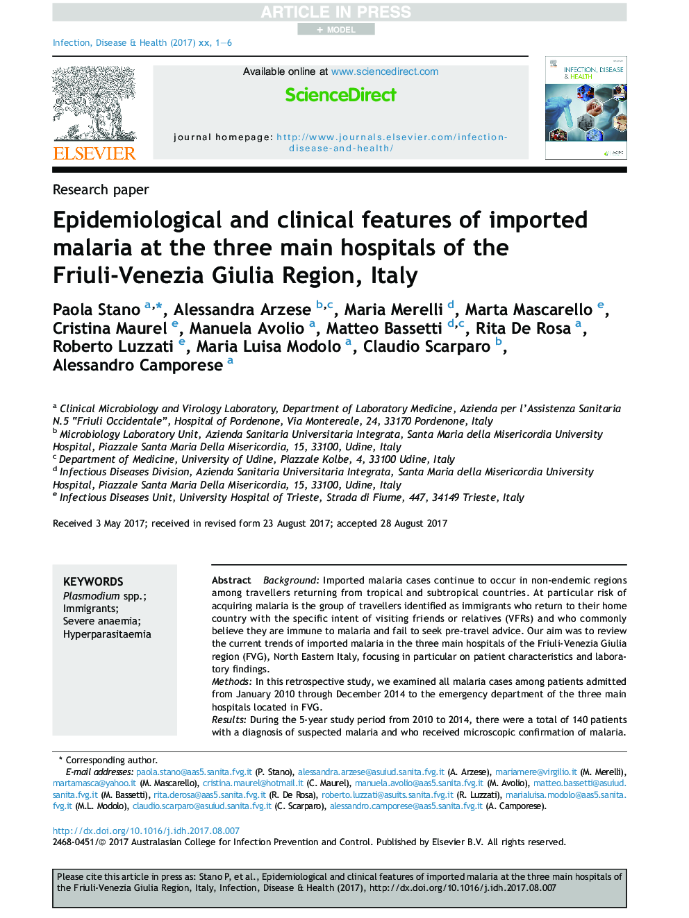 Epidemiological and clinical features of imported malaria at the three main hospitals of the Friuli-Venezia Giulia Region, Italy