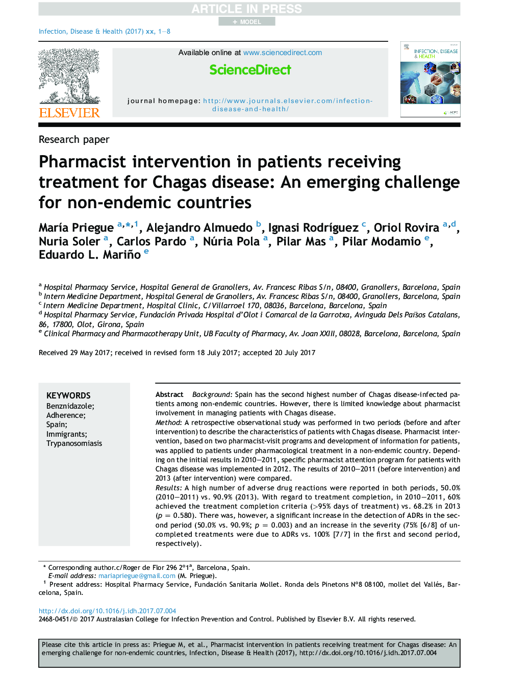 Pharmacist intervention in patients receiving treatment for Chagas disease: An emerging challenge for non-endemic countries