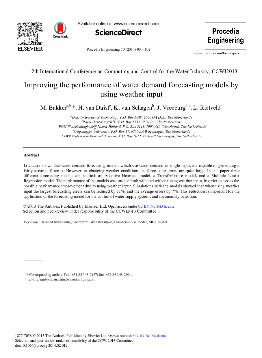 Improving the Performance of Water Demand Forecasting Models by Using Weather Input 