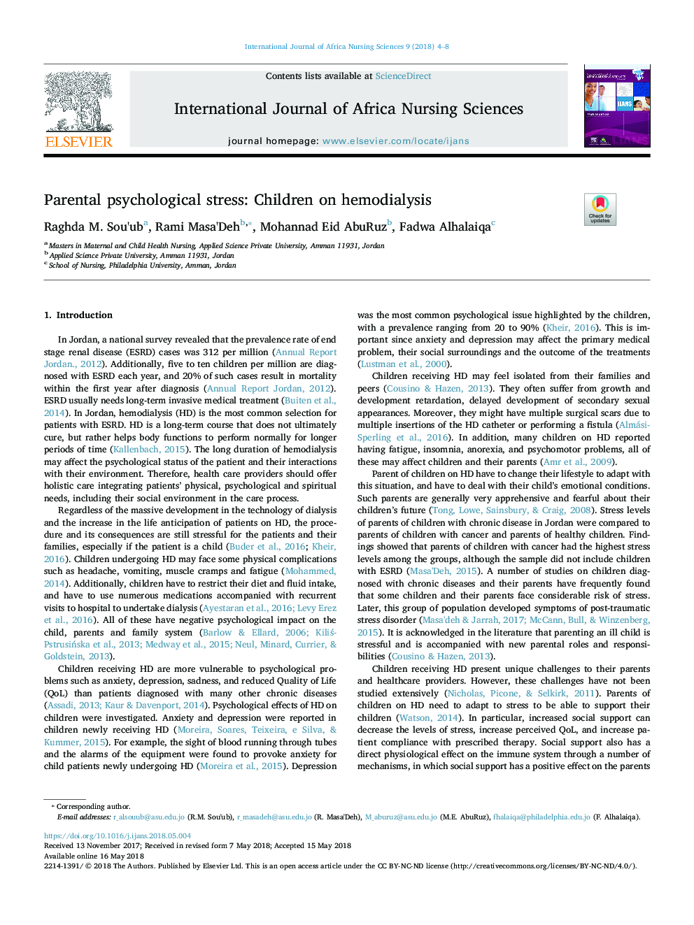 Parental psychological stress: Children on hemodialysis