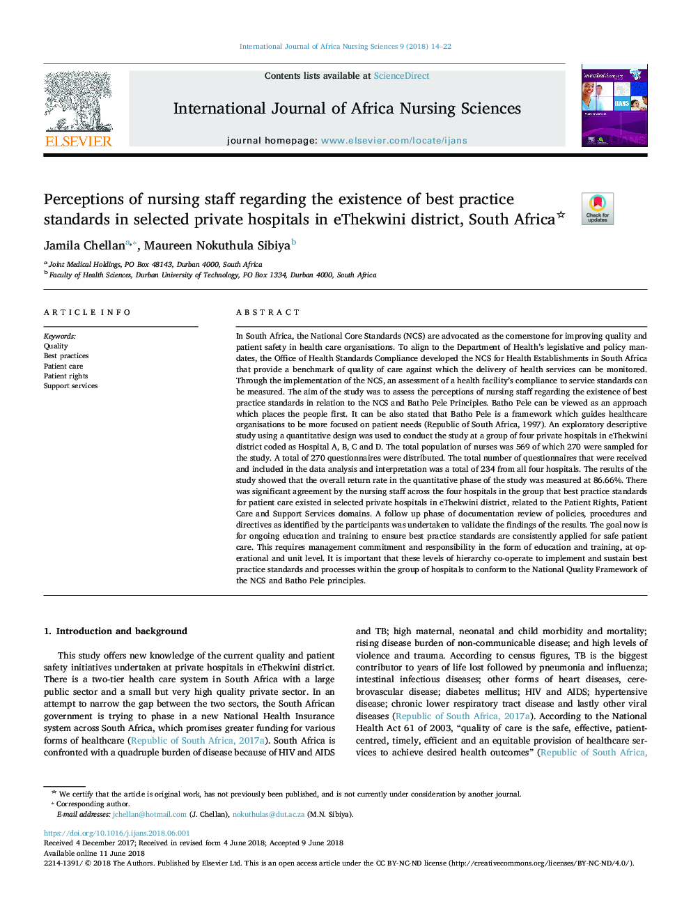 Perceptions of nursing staff regarding the existence of best practice standards in selected private hospitals in eThekwini district, South Africa