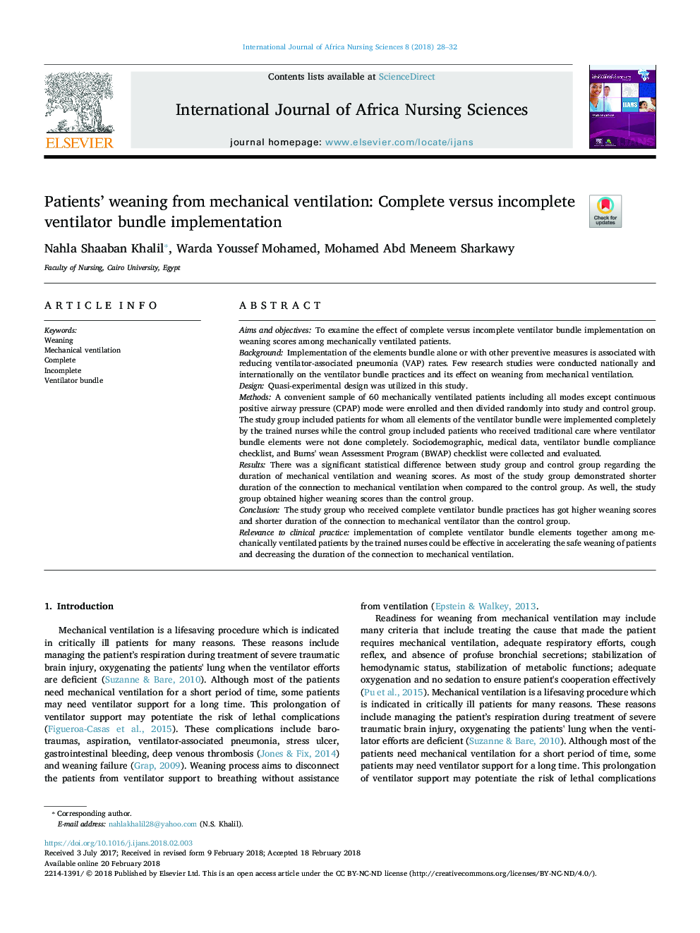 Patients' weaning from mechanical ventilation: Complete versus incomplete ventilator bundle implementation