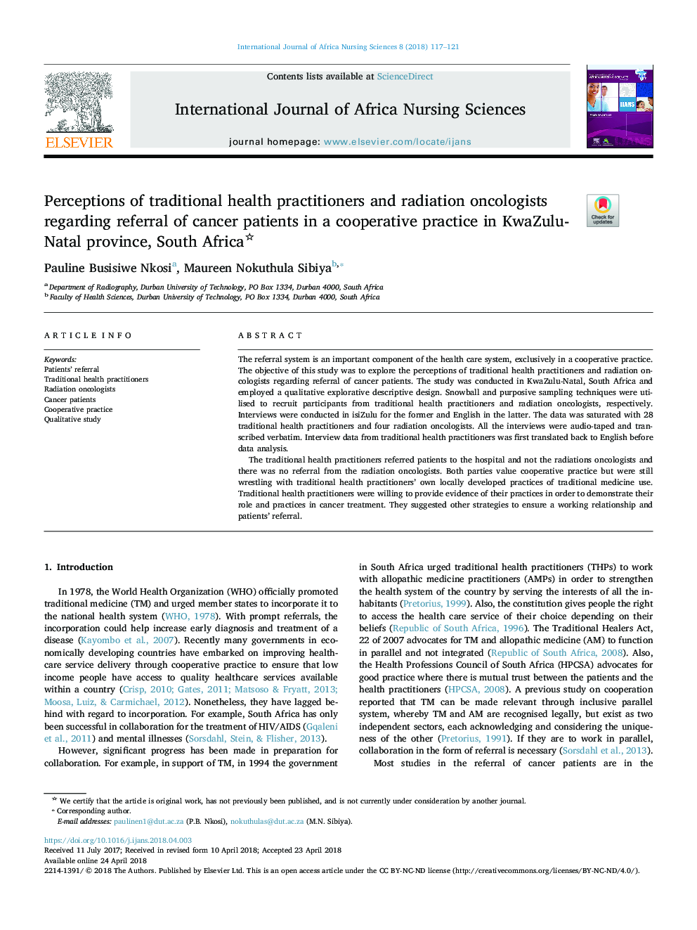 Perceptions of traditional health practitioners and radiation oncologists regarding referral of cancer patients in a cooperative practice in KwaZulu-Natal province, South Africa