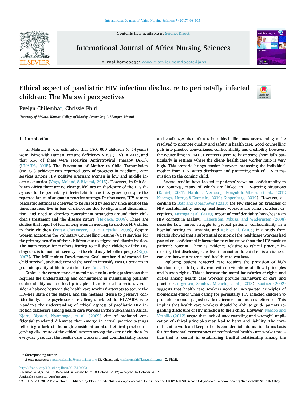 Ethical aspect of paediatric HIV infection disclosure to perinatally infected children: The Malawi perspectives