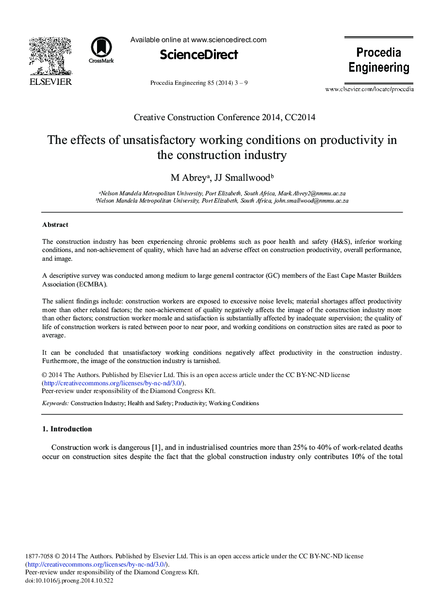 The Effects of Unsatisfactory Working Conditions on Productivity in the Construction Industry 