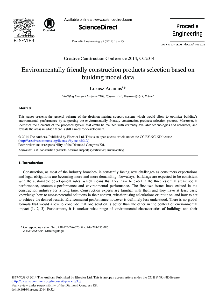 Environmentally Friendly Construction Products Selection Based on Building Model Data 