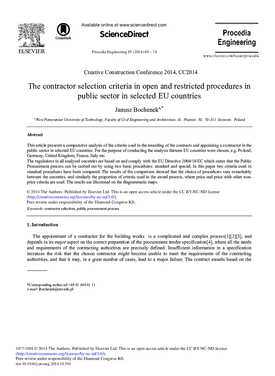 The Contractor Selection Criteria in Open and Restricted Procedures in Public Sector in Selected EU Countries 