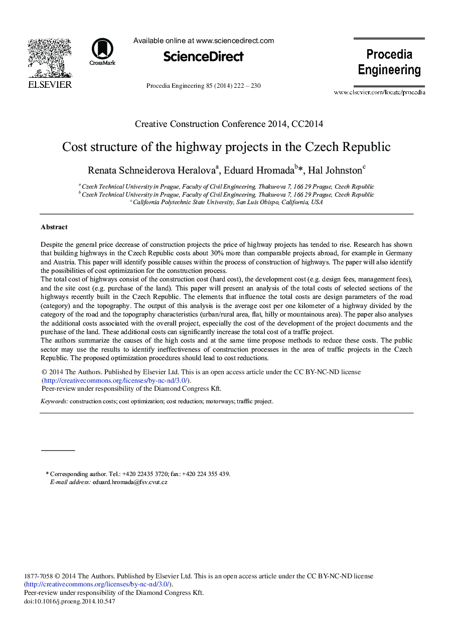 Cost Structure of the Highway Projects in the Czech Republic 