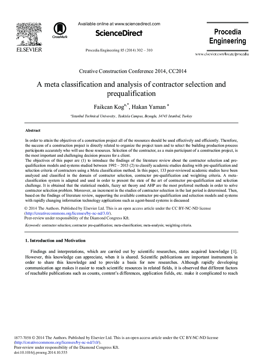 A Meta Classification and Analysis of Contractor Selection and Prequalification 