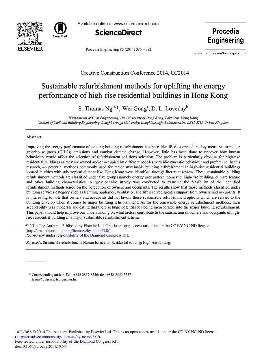 Sustainable Refurbishment Methods for Uplifting the Energy Performance of High-rise Residential Buildings in Hong Kong 