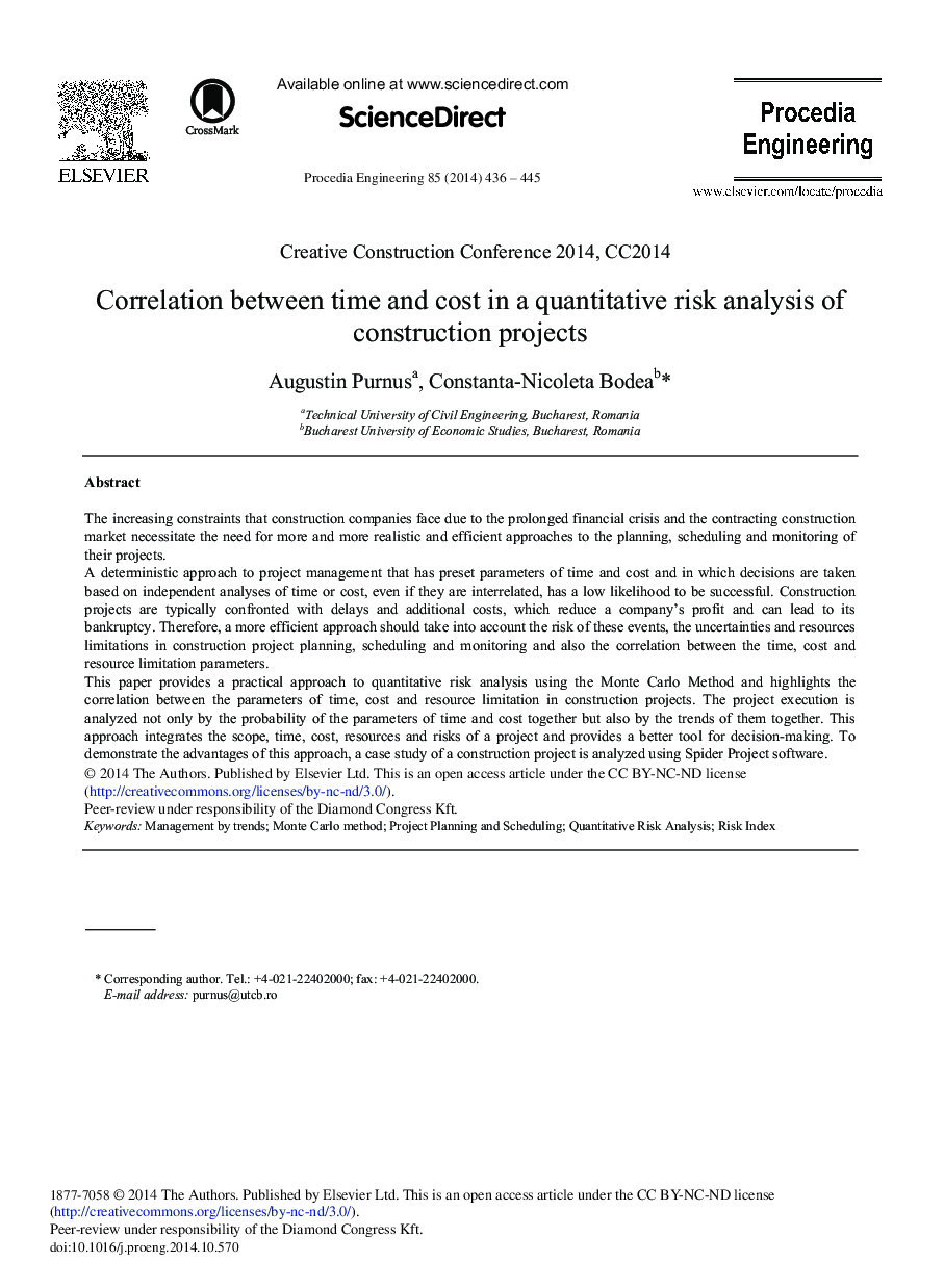 Correlation between Time and Cost in a Quantitative Risk Analysis of Construction Projects 