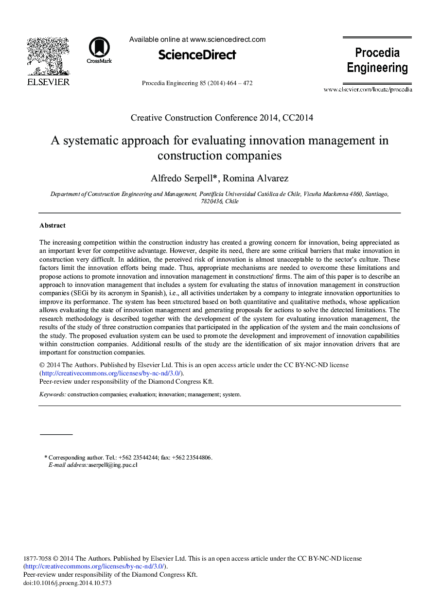 A Systematic Approach for Evaluating Innovation Management in Construction Companies 