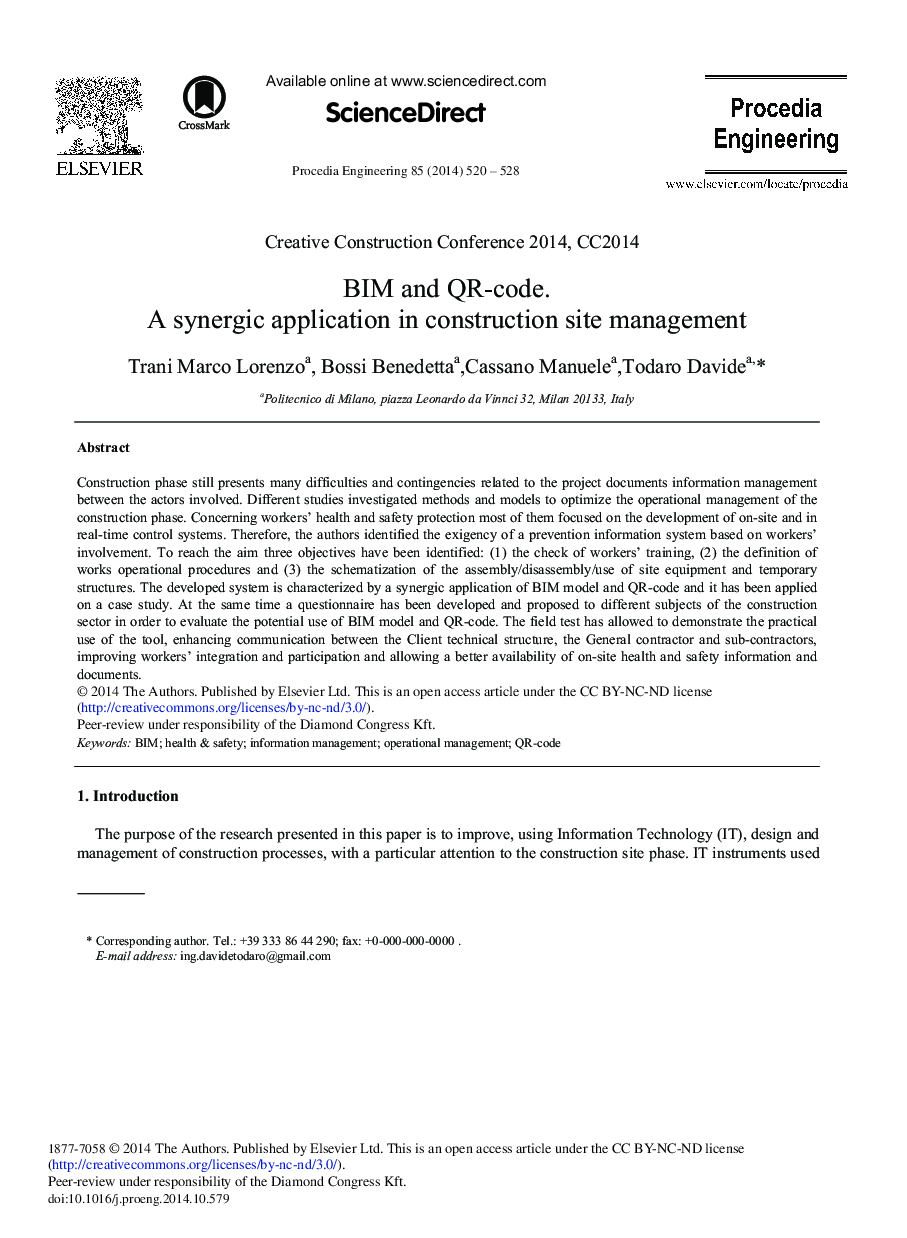 BIM and QR-code. A Synergic Application in Construction Site Management 