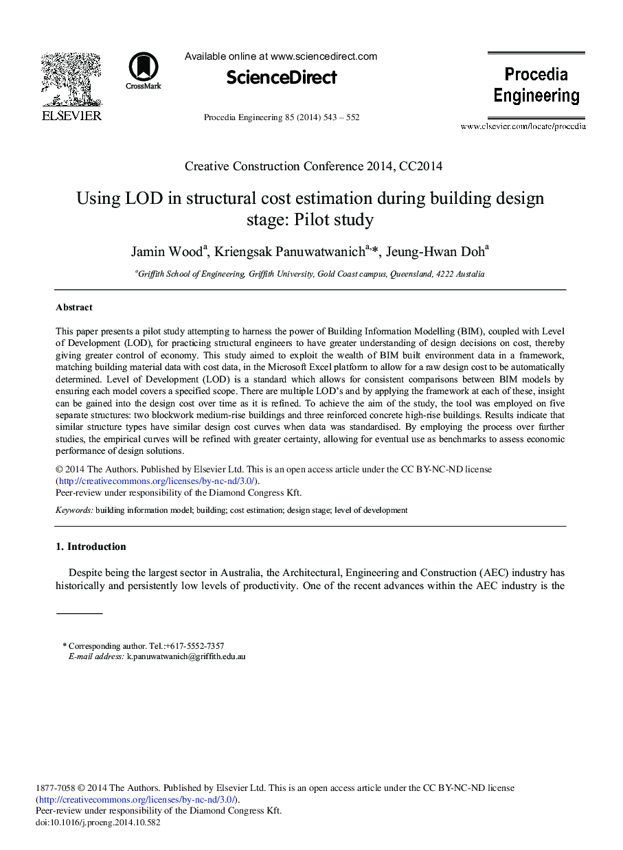 Using LOD in Structural Cost Estimation during Building Design Stage: Pilot Study 