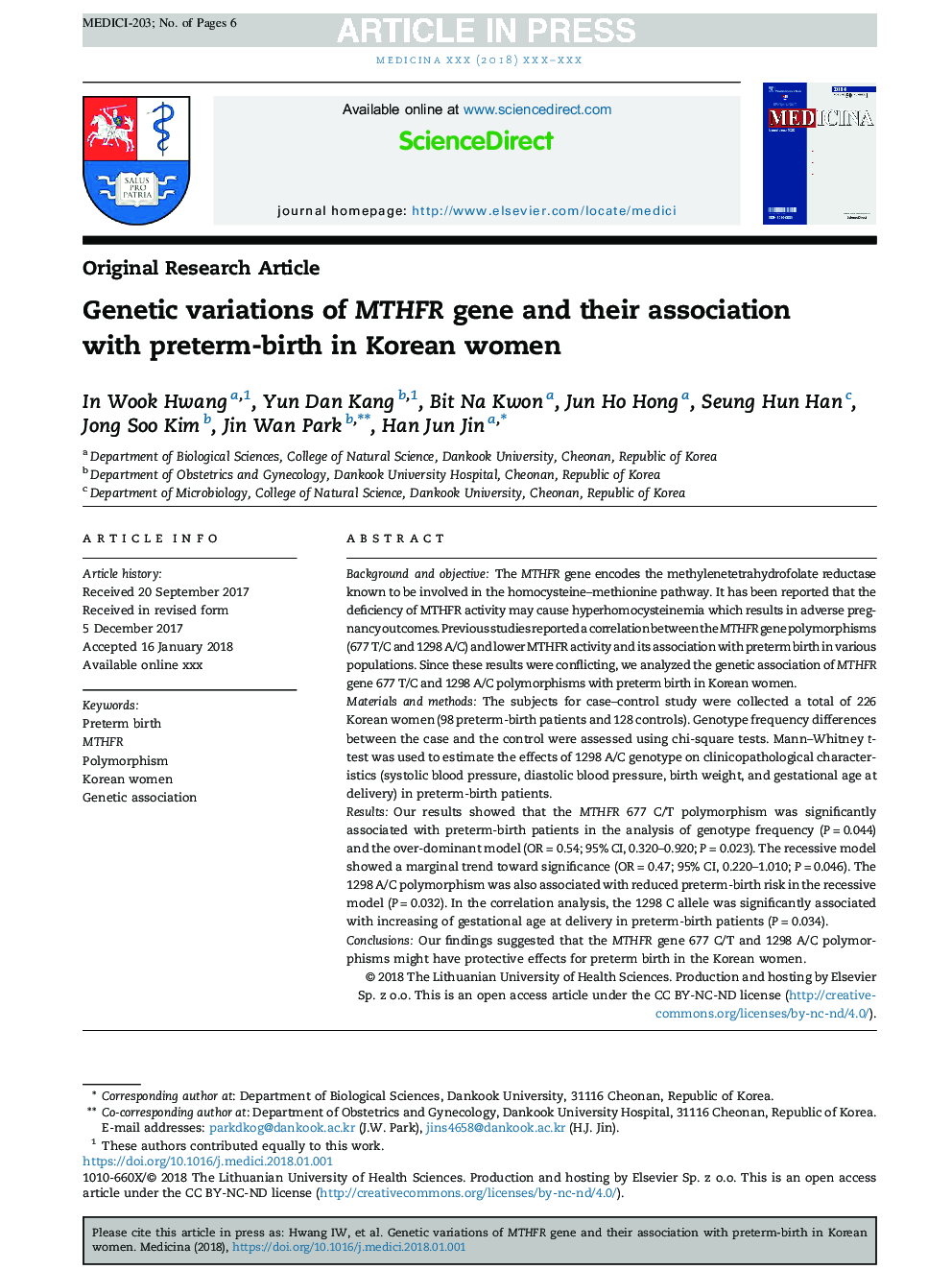 Genetic variations of MTHFR gene and their association with preterm birth in Korean women