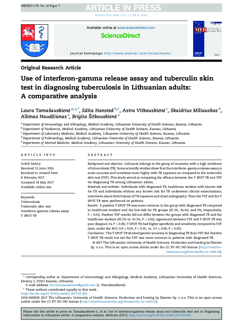 Use of interferon-gamma release assay and tuberculin skin test in diagnosing tuberculosis in Lithuanian adults: A comparative analysis