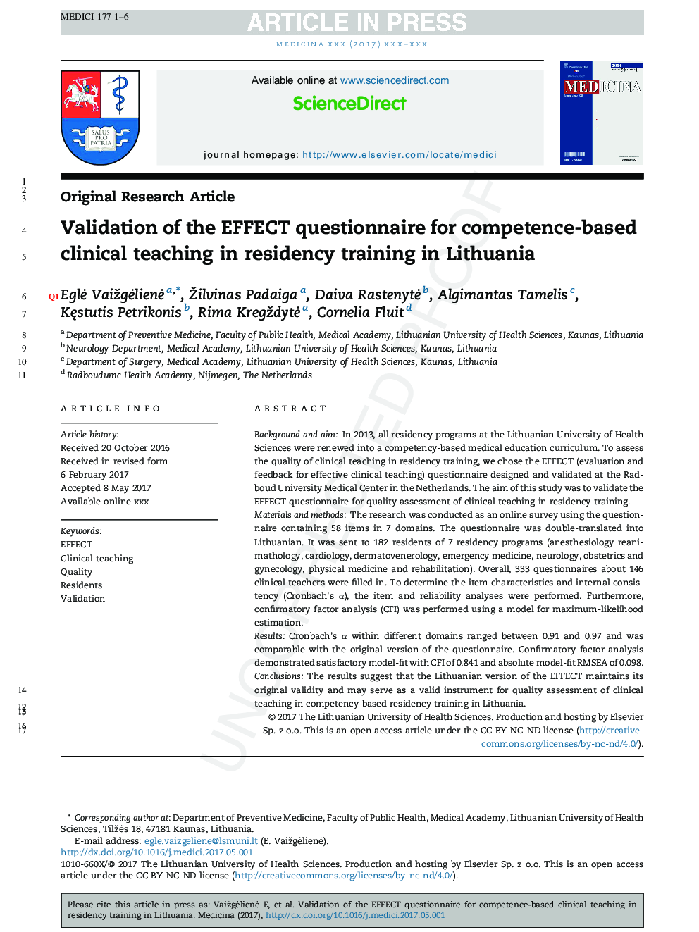 اعتبار سنجی تأثیر پرسشنامه برای آموزش بالینی مبتنی بر شایستگی در آموزش اقامت در لیتوانی 
