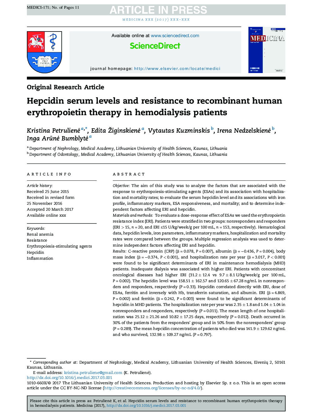 Hepcidin serum levels and resistance to recombinant human erythropoietin therapy in hemodialysis patients