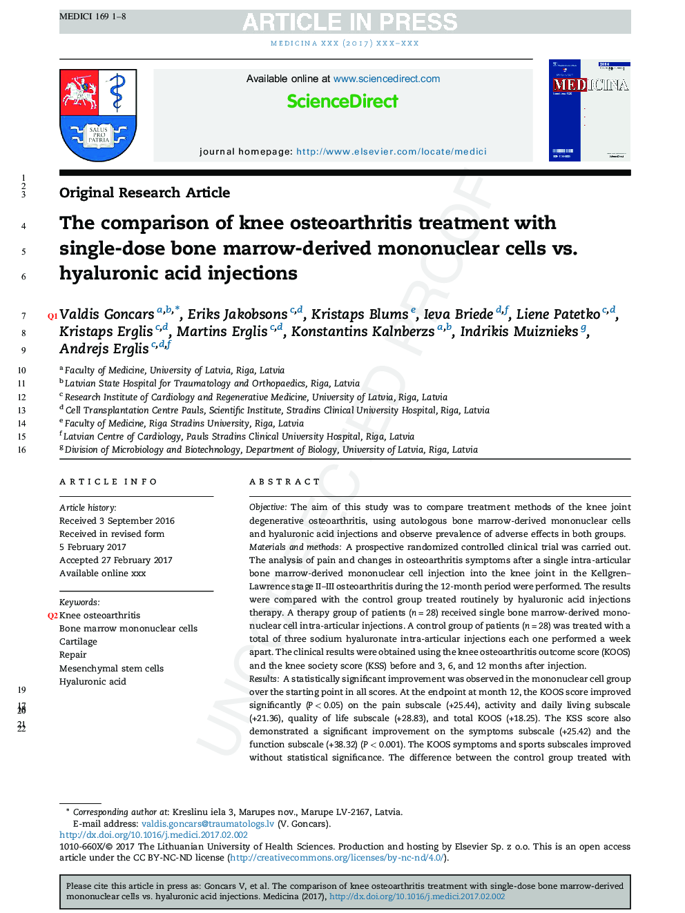 The comparison of knee osteoarthritis treatment with single-dose bone marrow-derived mononuclear cells vs. hyaluronic acid injections