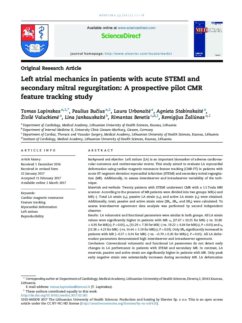 Left atrial mechanics in patients with acute STEMI and secondary mitral regurgitation: A prospective pilot CMR feature tracking study