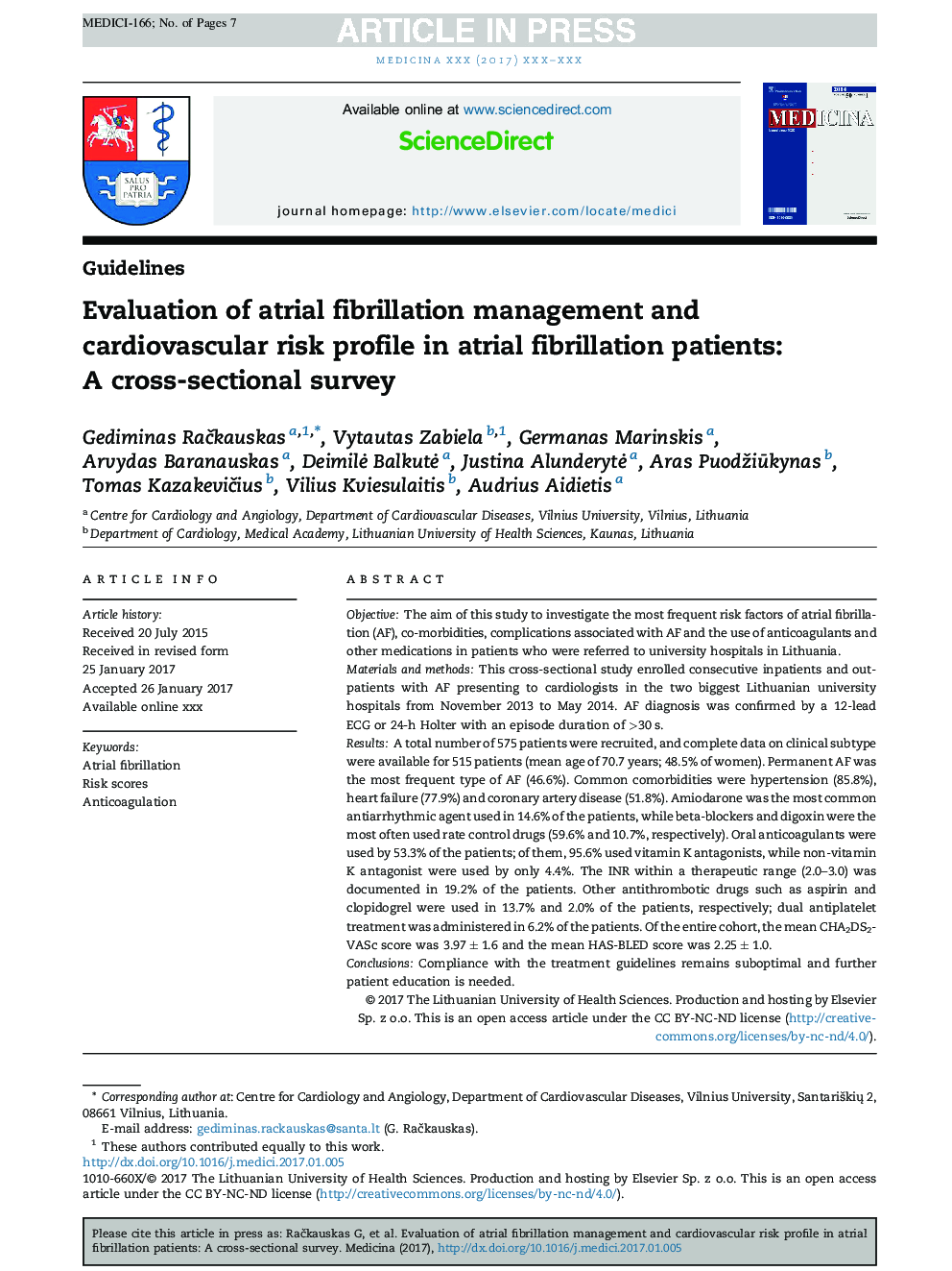 Evaluation of atrial fibrillation management and cardiovascular risk profile in atrial fibrillation patients: A cross-sectional survey